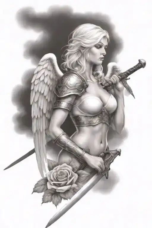 a sexy blond female angel as a warrior with some clouds, a rose and a Cross for a halfsleeve tattoo tattoo design idea