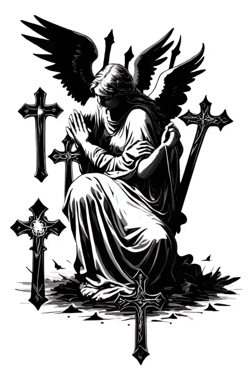 multiple gothic crosses, angel bowing in prayer fine lines only use black tattoo design idea