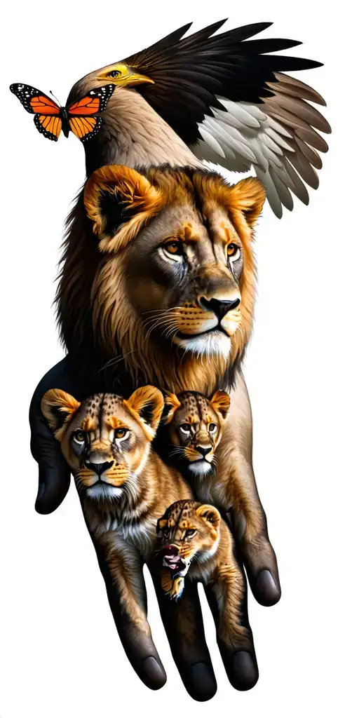 lion lioness 4 lion cubs rose butterfly eagle rosary beads on hand tattoo design idea