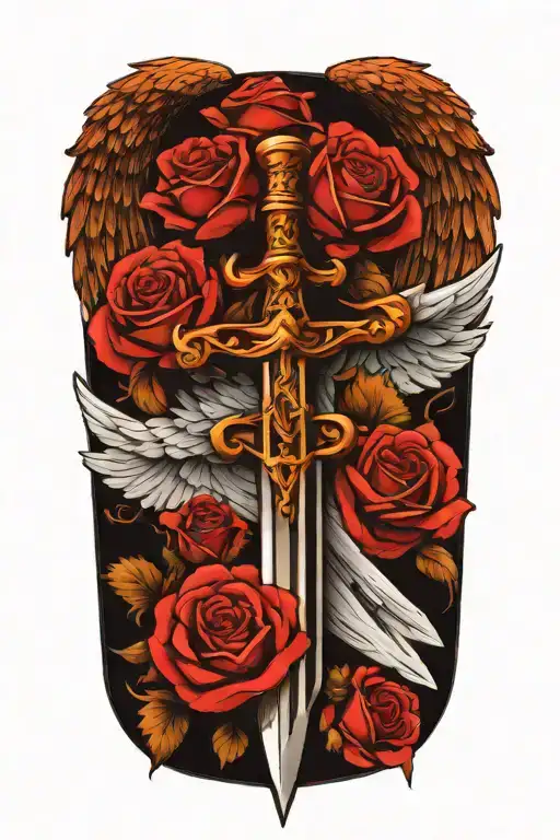 angel wings behind a sword, roses tattoo design idea