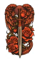 angel wings behind a sword, roses tattoo design idea