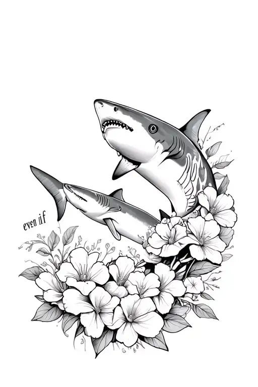Black tip Shark with flowers intertwined and the words "even if" hidden in the tattoo tattoo design idea