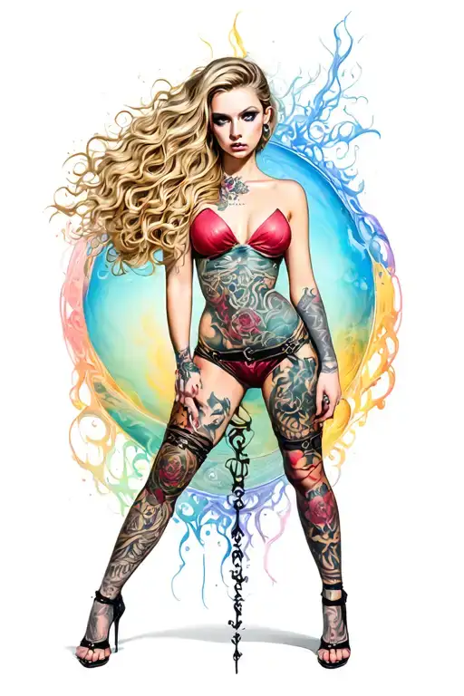 Sin Anger in the form of a BDSM girl in a full-length tattoo design idea