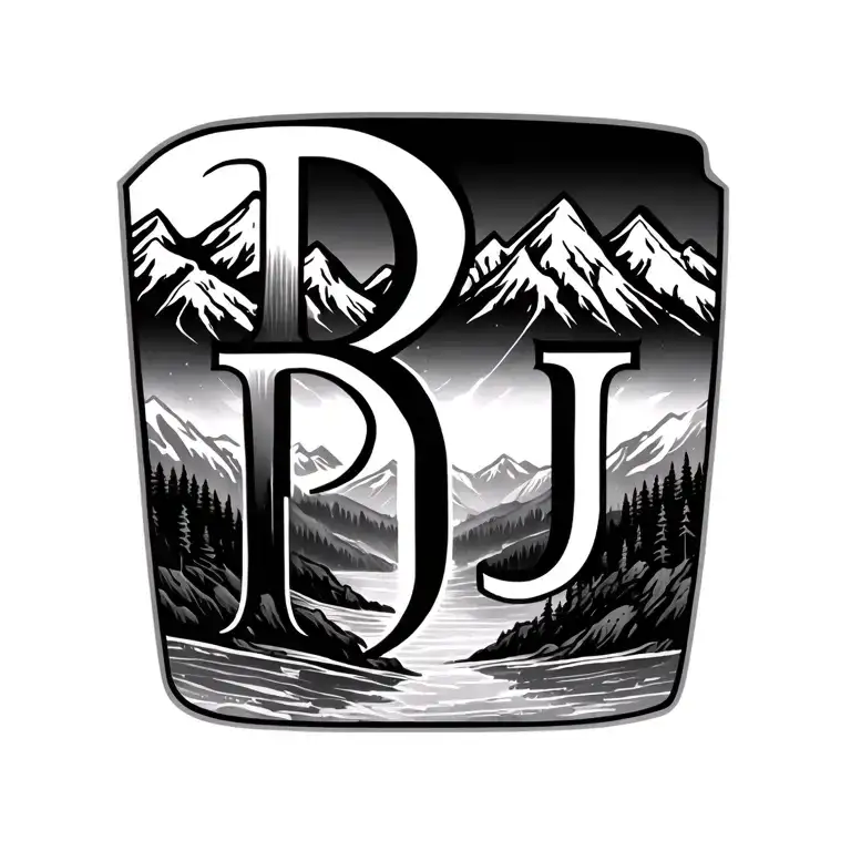 tattoo with the initials PJ with mountains in the letters tattoo design idea