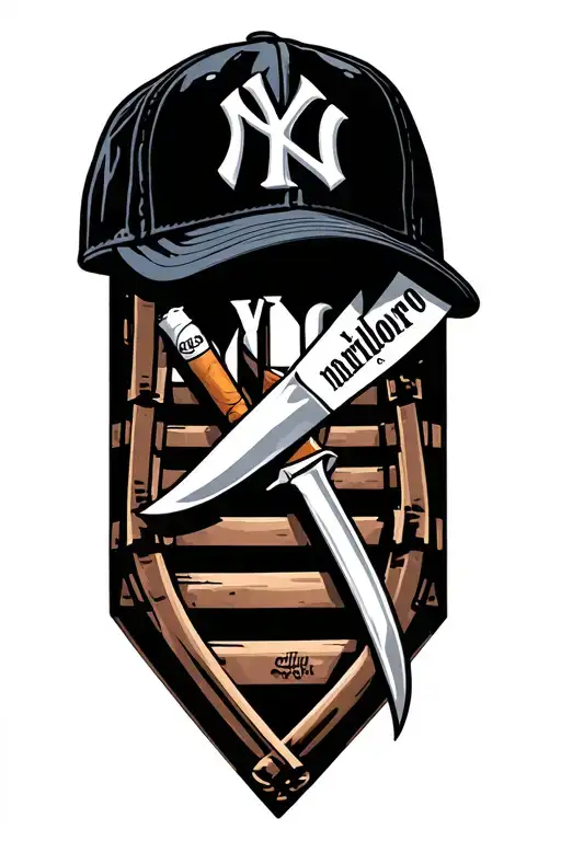 create a set that includes a New York Yankees baseball cap, Marlboro cigarettes, train tracks and butchers knife tattoo design idea