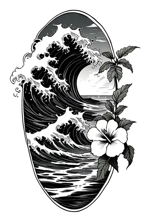waves crashing on the beach with small hibiscus vine on right side tattoo design idea