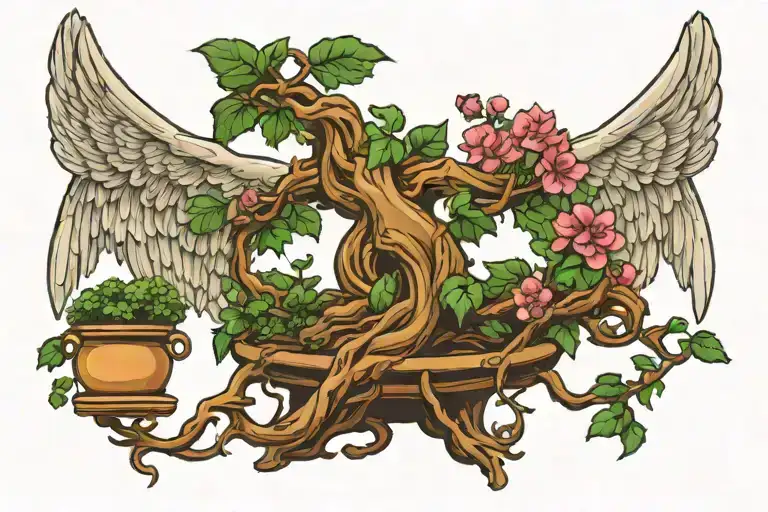 Angel wings & Bonsai tree intertwined tattoo design idea