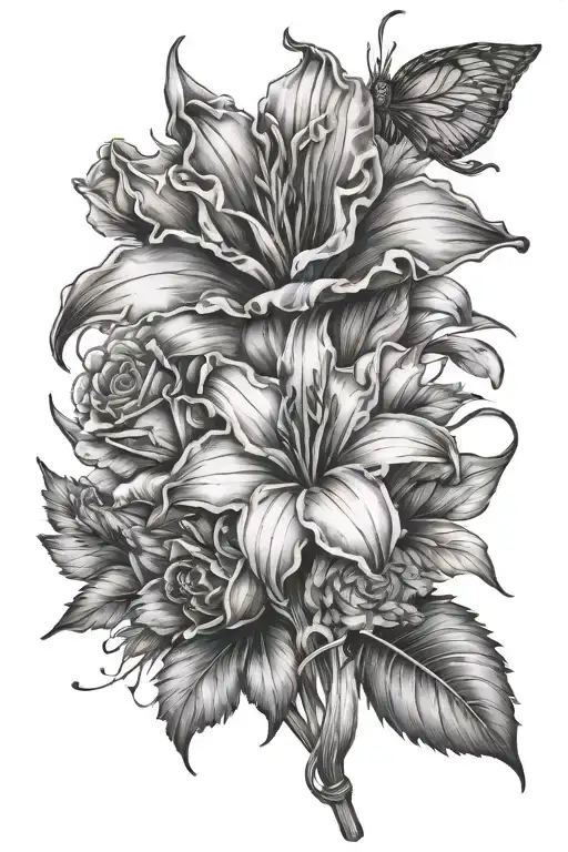 single gladiolus flower, single marigold flower, paw print as a flower, single sunflower, single rose bouquet  tattoo design idea