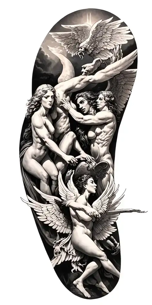 heaven vs hell theme with angels and demons fighting tattoo design idea