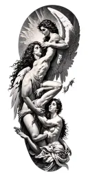heaven vs hell theme with angels and demons fighting tattoo design idea