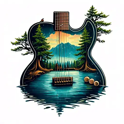 "Relentlessly written" a lake with trees shaped like a guitar made tattoo design idea