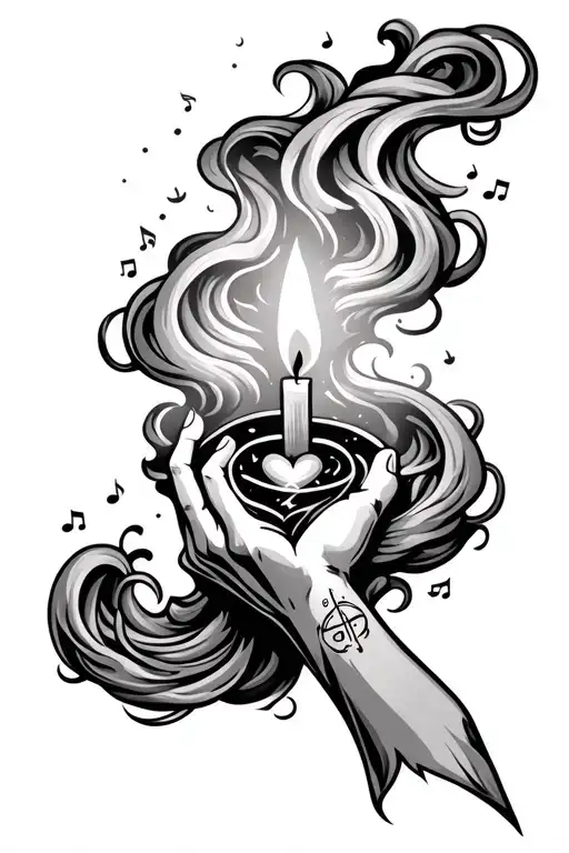 candle lit on the wrist that causes smoke to cover the entire forearm with inside: a heart, music, an Ophiuchus sign and tattoo design idea