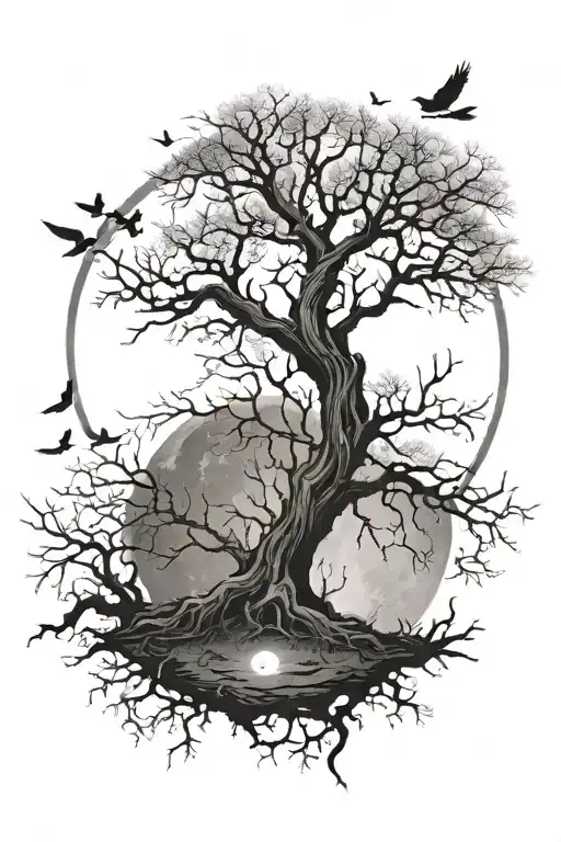 bare tree with birds flying around and tree roots under the ground with a moon tattoo design idea