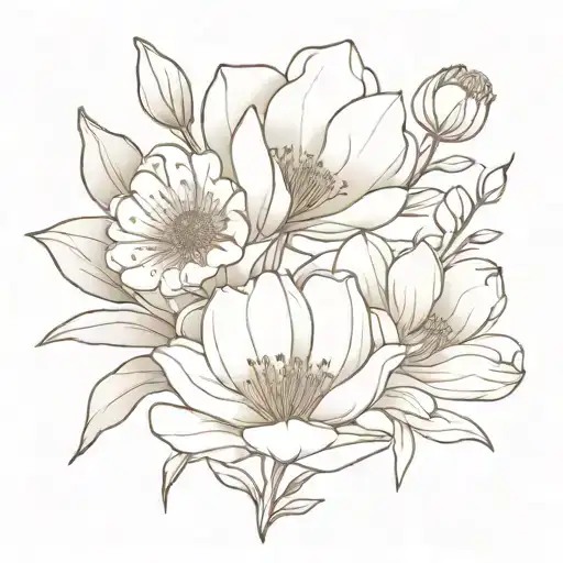 flower bouquet 2 poppys, 3 lilies, carnation, peony, aster tattoo design idea