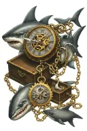 Old key attched to a mechanical pocket watch and chain and a shark tooth tattoo design idea