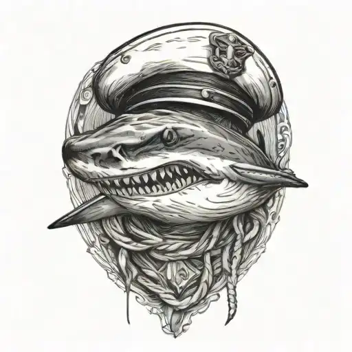 shark that has an anchor in their mouth wearing a sailor hat tattoo design idea
