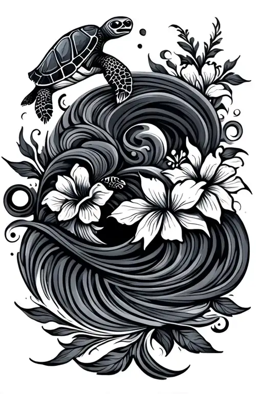 tribal waves with turtle and flowers tattoo design idea