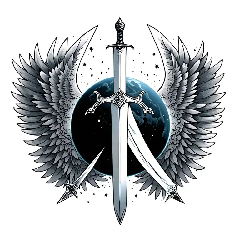a universe with a sword crossing it and wings on the sides covering the whole chest tattoo design idea