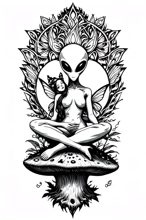 enlightened alien sitting with a fairy on a mushroom tattoo design idea