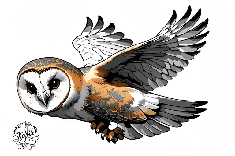 barn owl flying wrapped around hip and onto thigh tattoo design idea