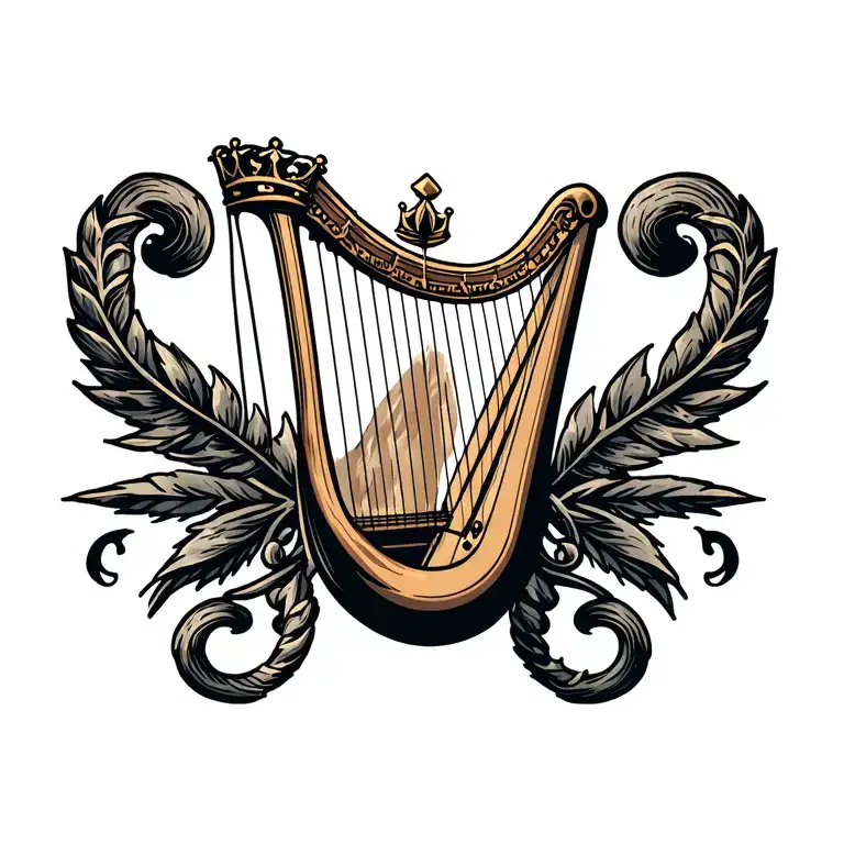 harp with crown hanging tattoo design idea