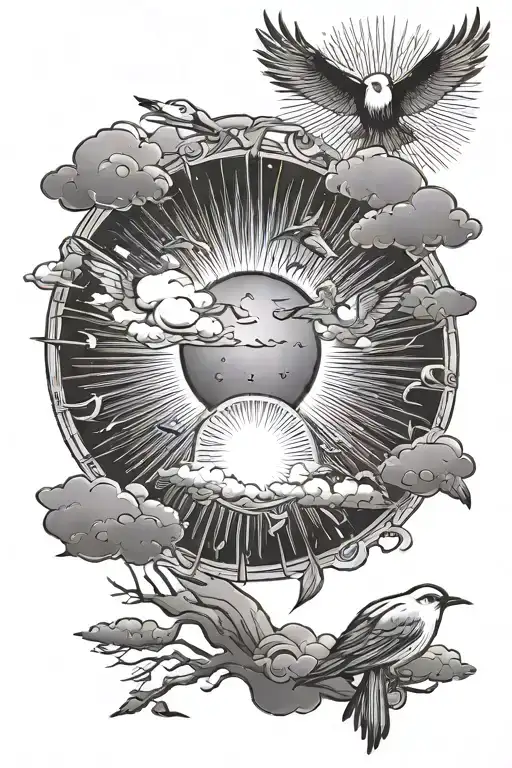sun raying across with clouds and birds tattoo design idea