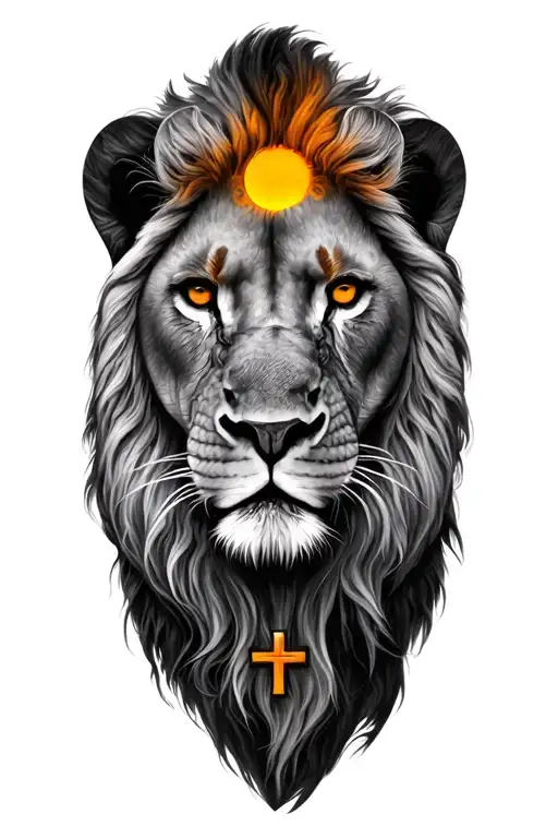 right arm, grey, Half sleeve lion tattoo, majestic lion head on African savanna, sunset background, 3 subtle cross tattoo design idea