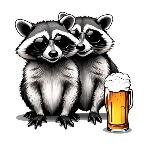 2 racoons, happy, beer, sunglasses, rock music tattoo design idea