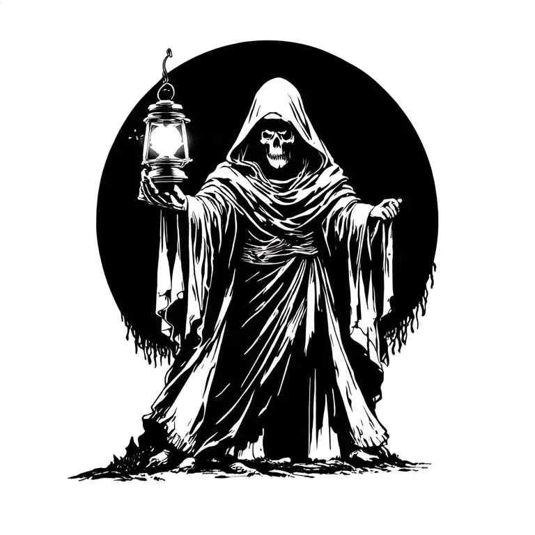 The hermit tarot walking sideways in darkness holding a lantern thats emitting light. Skull face cloaked in hood tattoo design idea