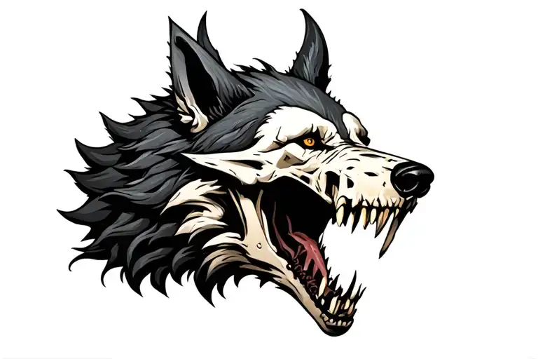 side view demon wolf head with full skull head in snarling mouth tattoo design idea