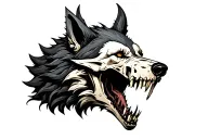 side view demon wolf head with full skull head in snarling mouth tattoo design idea