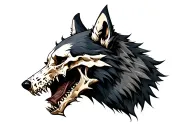 side view demon wolf head with full skull head in snarling mouth tattoo design idea