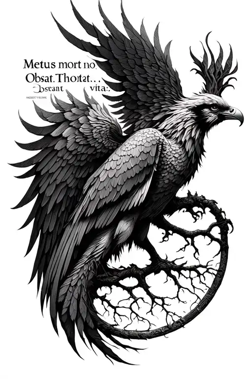 phoenix with tree of life and sentence "Metus morti non obstat. Obstat vitae." and "Dream Theater" logo tattoo design idea