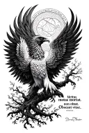 phoenix with tree of life and sentence "Metus morti non obstat. Obstat vitae." and "Dream Theater" logo tattoo design idea