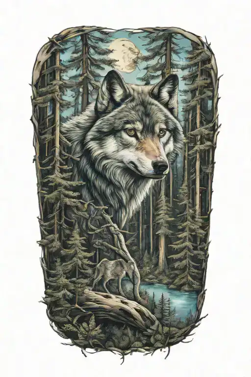 wolf blue eyes howling forest landscape tattoo design idea