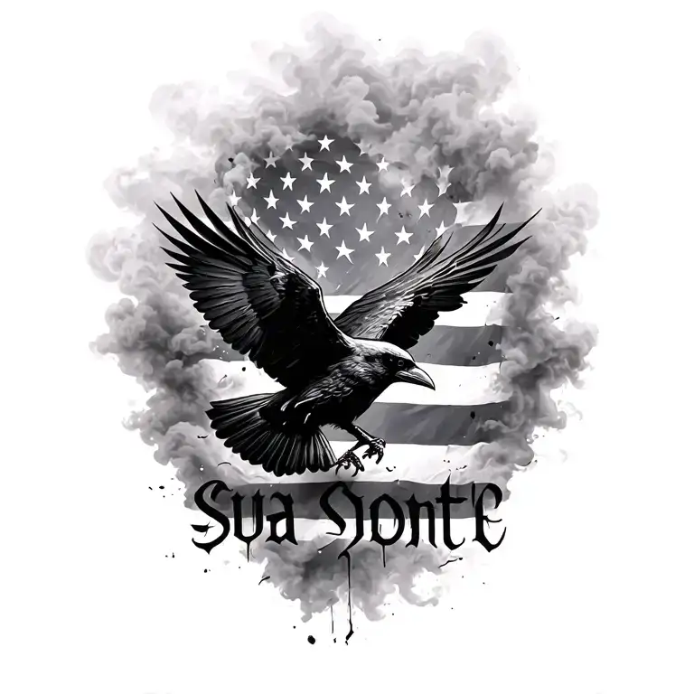 tattered american flag morphing into a raven in flight. The flags edges blend into smoke, with "Sua Sponte" in bold tattoo design idea
