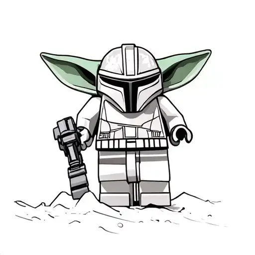 lego starwars  mandalorian with baby yoda on a snowboard tattoo design idea