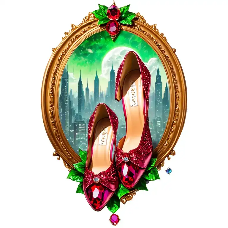 low heal ruby slippers with emerald city in background tattoo design idea