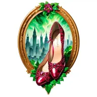 low heal ruby slippers with emerald city in background tattoo design idea