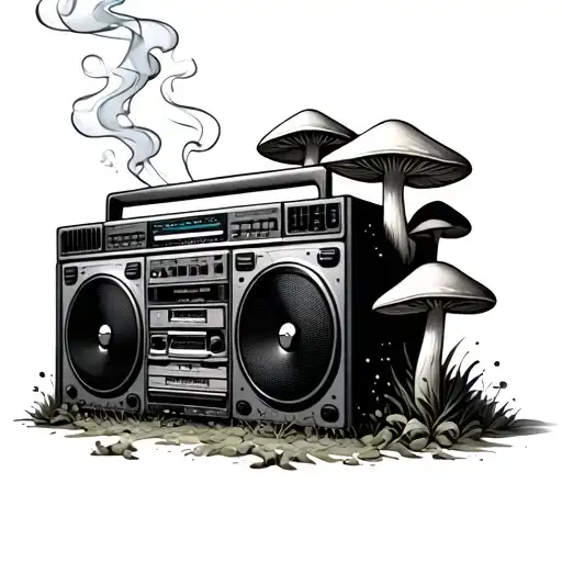 boombox with smoking mushrooms tattoo design idea