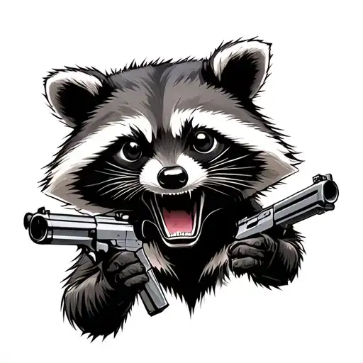 crazy raccoon with guns and lots of crazy things around tattoo design idea
