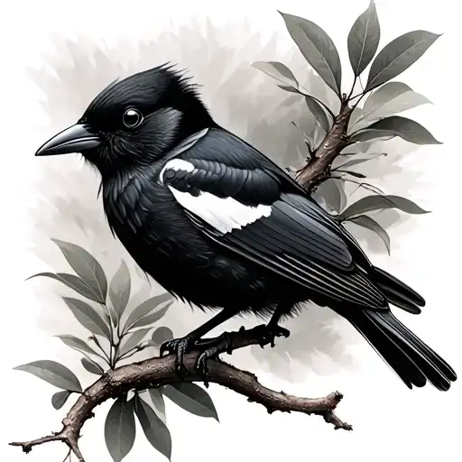 micro realism fineline tattoo of an australian magpie on a branch warbbling tattoo design idea