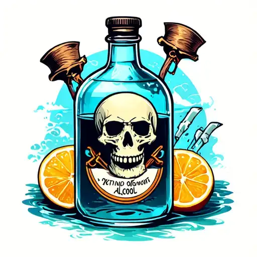 Pirate style bottle with liquid inside with label skull with alcohol lettering is not cool tattoo design idea