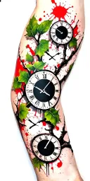 birch branches with hunter green leaves with only three clocks integrated into it for an arm sleeve tattoo design idea
