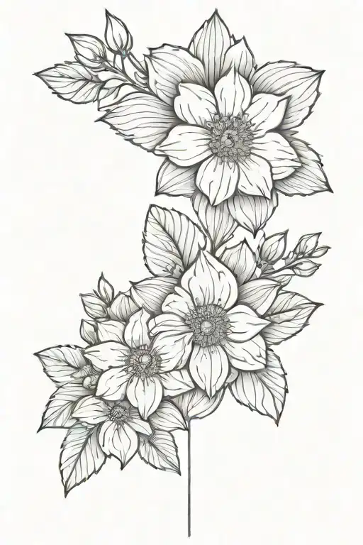 thigh flower tattoo with primrose flower, marigold flower, aster flower, and narcissus flower placed in line tattoo design idea