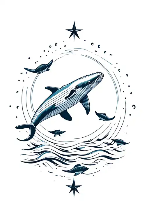 whale and stingrays swiming upwards surrounded by 4-pointed star, lines and waves tattoo design idea
