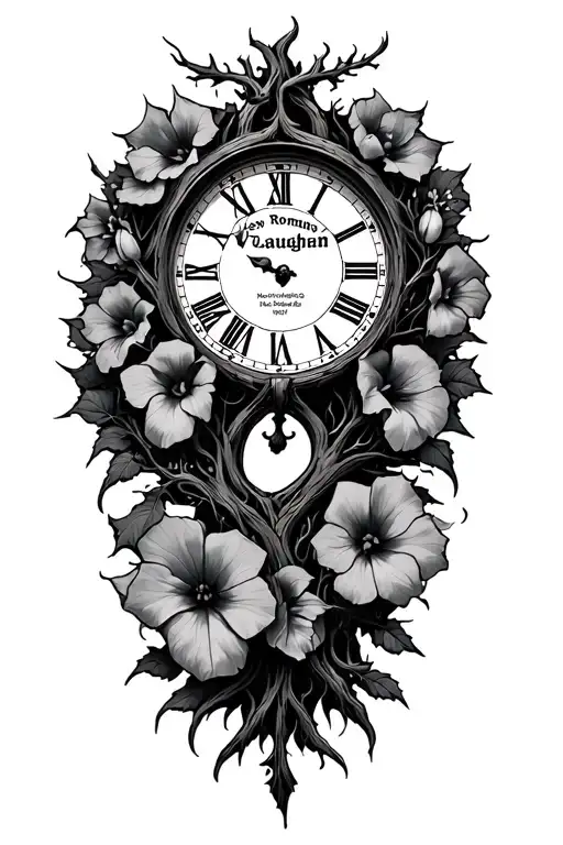 Nordic Tree of Life, Clock inside morning glory with New Romans "Vaughn" text tattoo design idea
