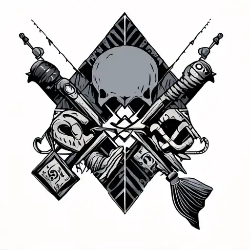 An intricate geometric design incorporating elements of fishing gear and money symbols tattoo design idea