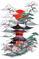 Japanese sleeve tattoo with red Sun, cloud /wind, Pagoda, Mt Fuji , Sakura tree and Blossom, geisha (optional) ,Oni Mask tattoo design idea