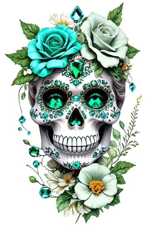 candy skull woman with emeralds, roses, sapphires, buttercups, topaz and Geraniums  tattoo design idea